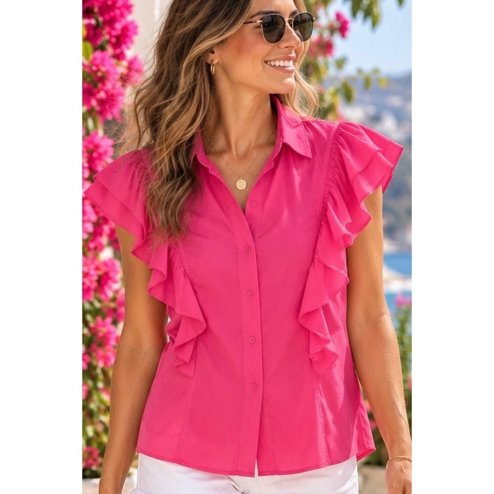 Entro Pink Ruffle Trim Button Up Blouse Size Medium Sleeveless Barbiecore Top